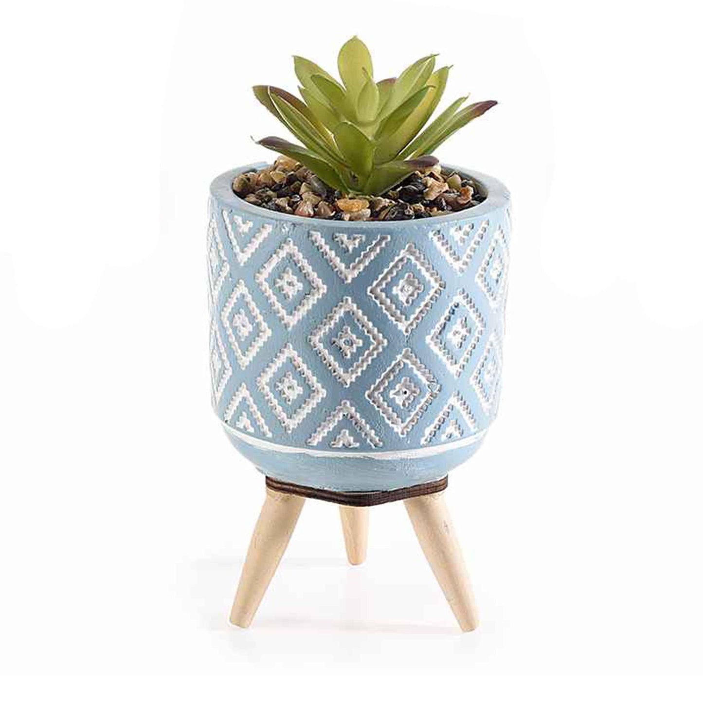 Vaso in cemento azzurro con pianta artificiale