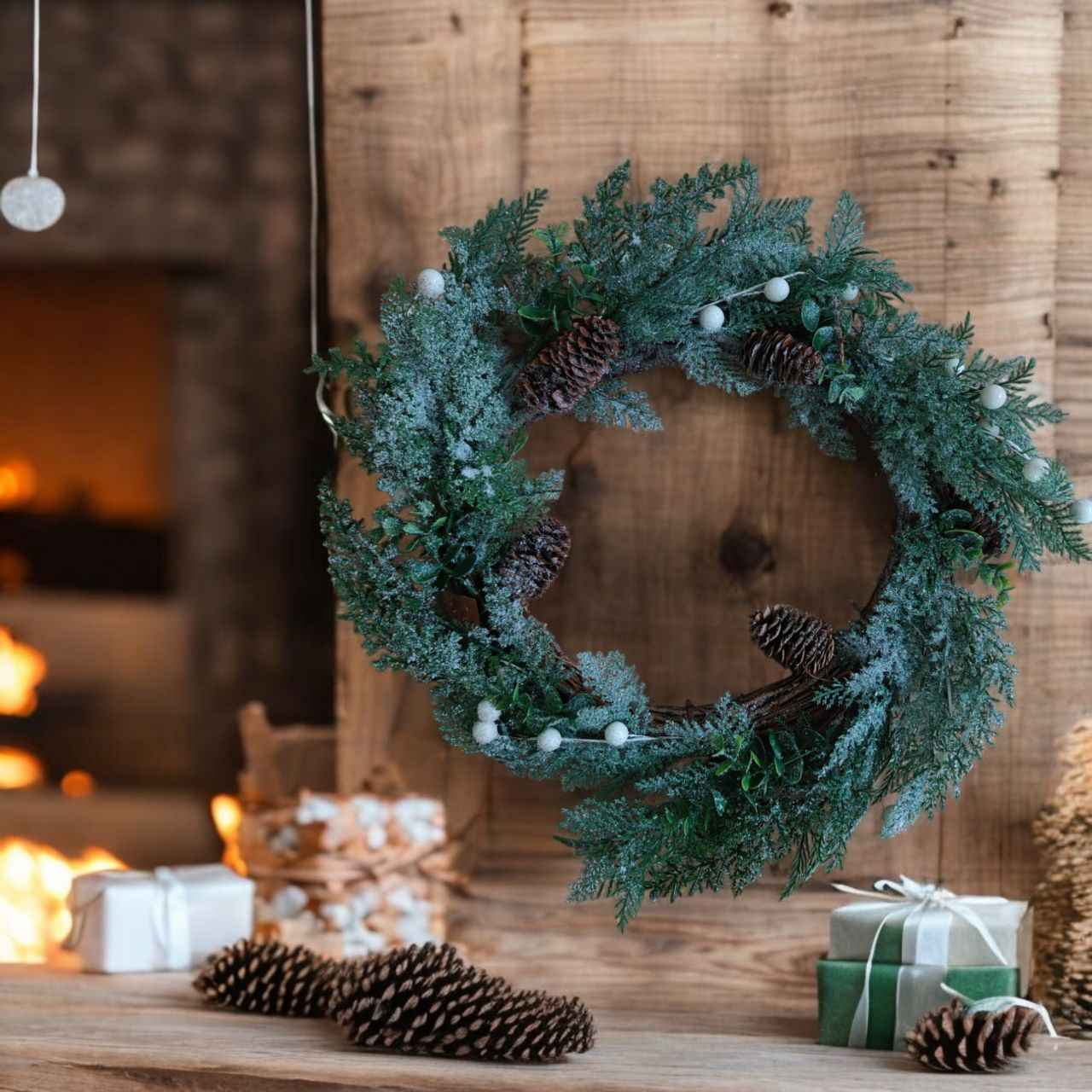 Ghirlanda innevata con pigne