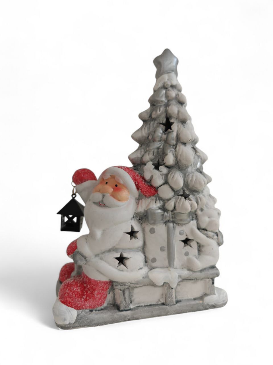Babbo Natale in ceramica con lanterna e luci led
