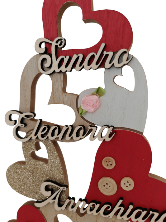 Piramide personalizzabile cuori d'appoggio maxi in legno con fiore