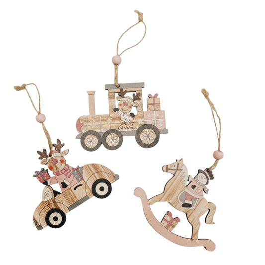 Addobbi albero in legno rosa set e 3 pezzi