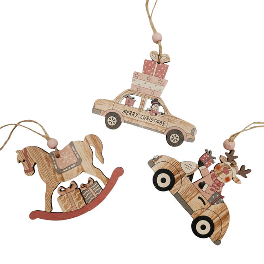 Addobbi albero in legno rosa set e 3 pezzi