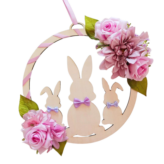 Ghirlanda in legno coniglietti con fiori lilla - Best Moment Decor