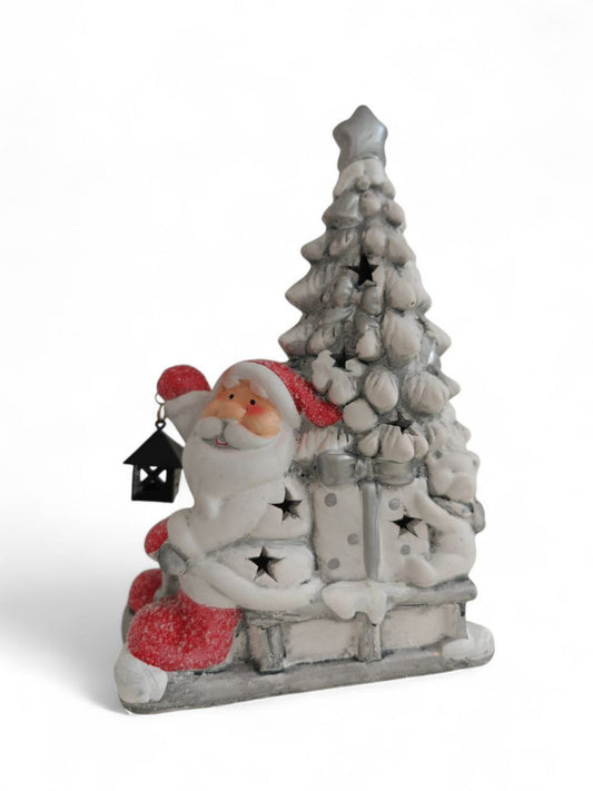 Babbo Natale in ceramica con lanterna e luci led