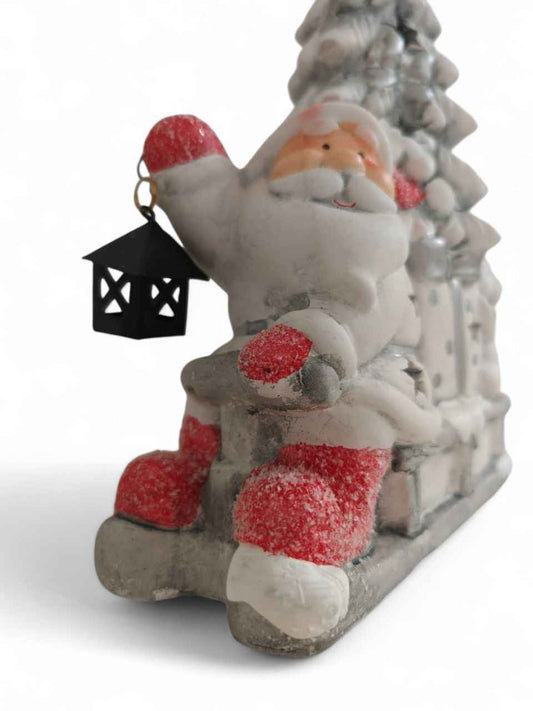 Babbo Natale in ceramica con lanterna e luci led