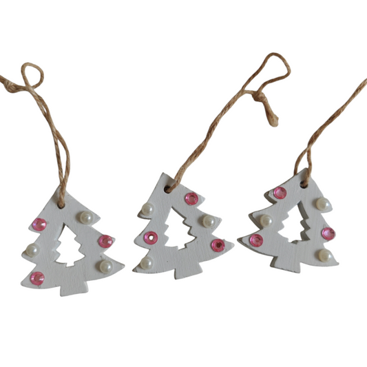 Addobbo albero legno rosa e perle set 10 pezzi