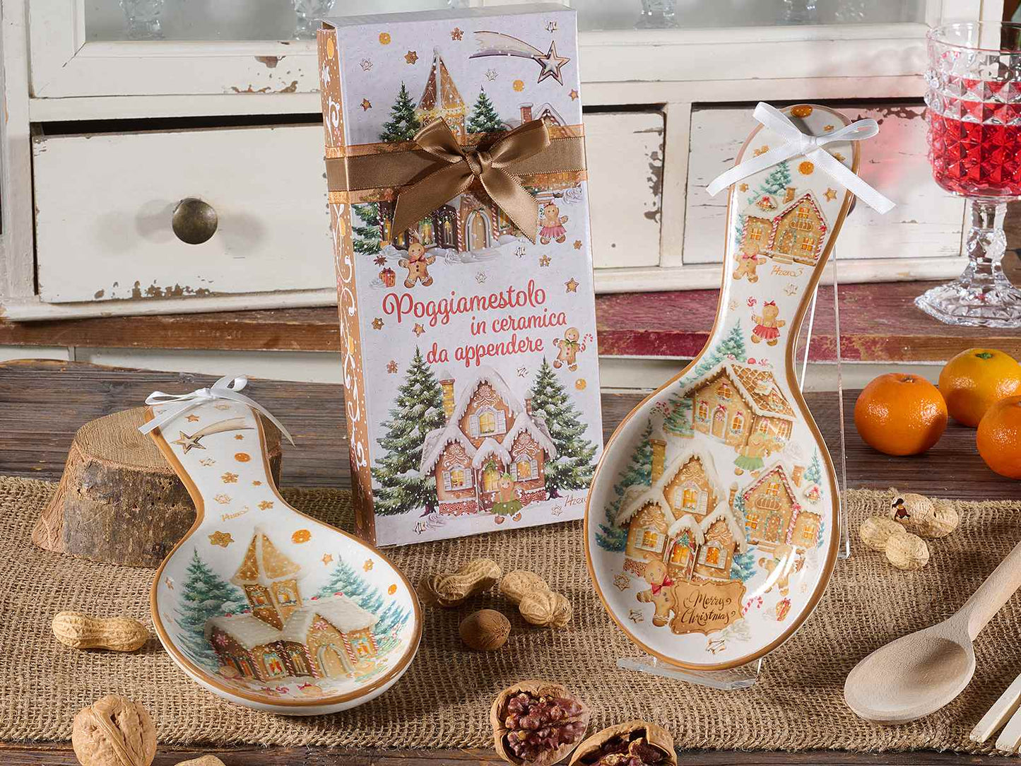 Poggiamestolo casette pan di zenzero con scatola