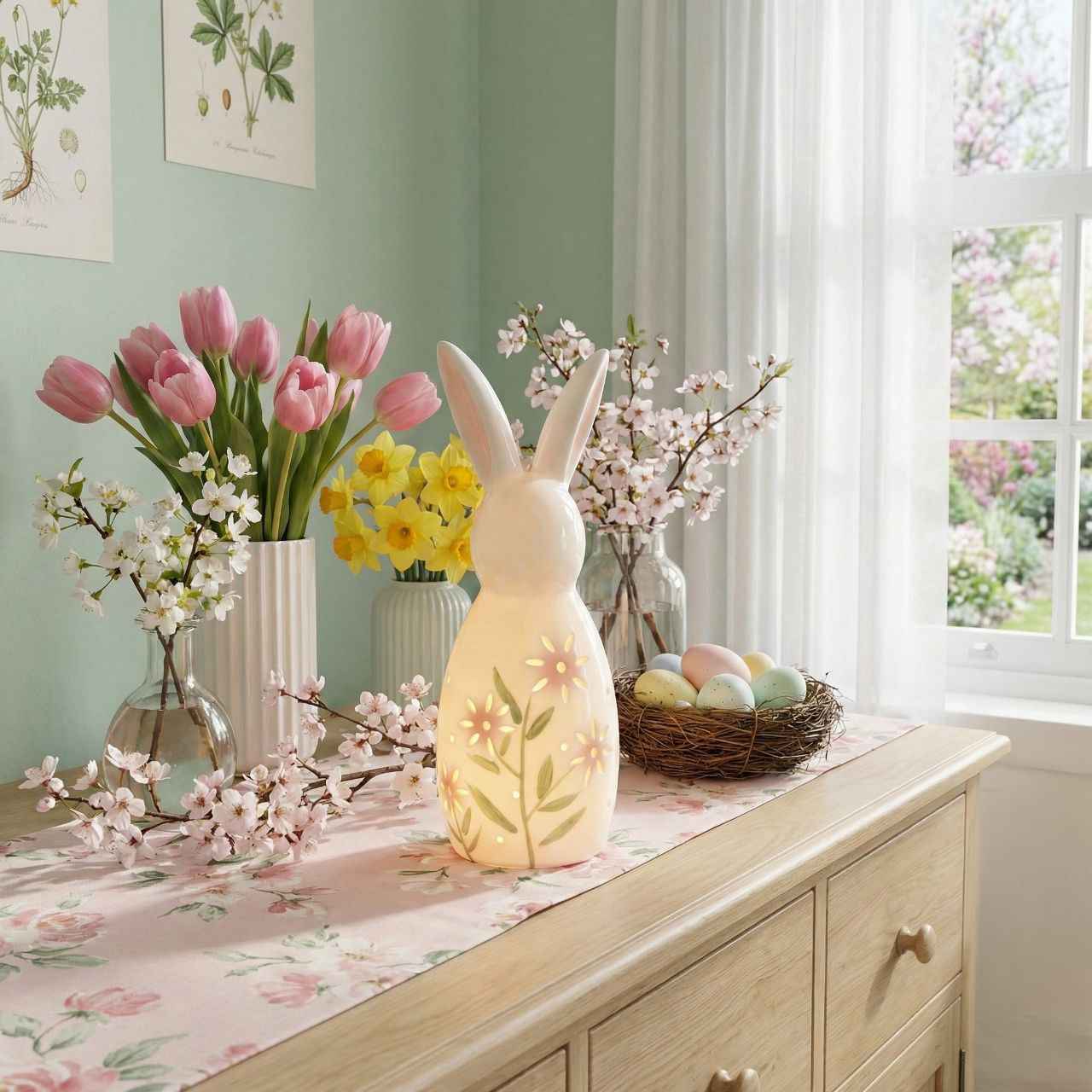 Coniglio in porcellana luminoso maxi fiori pesca