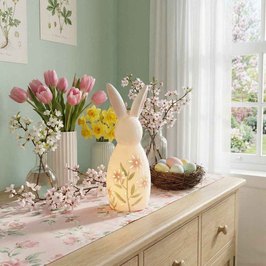 Coniglio in porcellana luminoso maxi fiori pesca