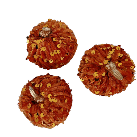 Zucche decorative in velluto con paillettes set 3 pezzi