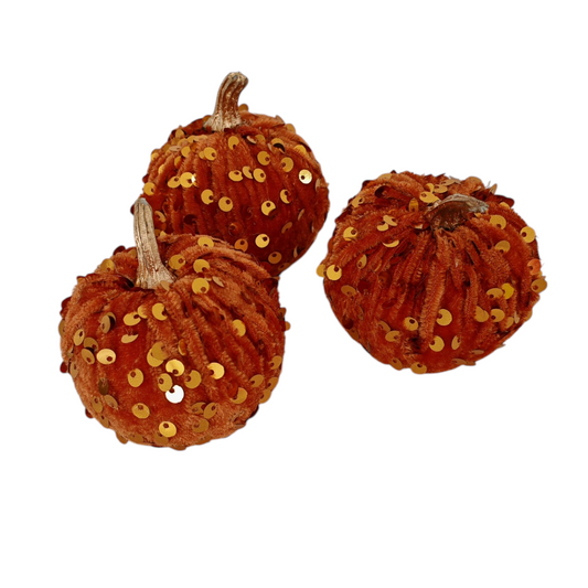 Zucche decorative in velluto con paillettes set 3 pezzi