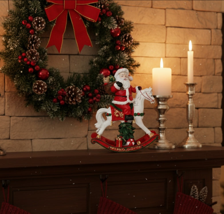 Cavallo a dondolo con Babbo Natale e luci led
