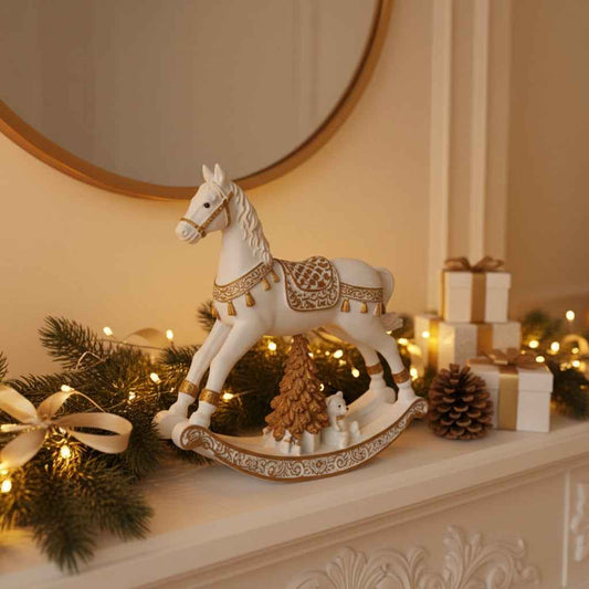 Cavallo a dondolo oro e bianco in resina